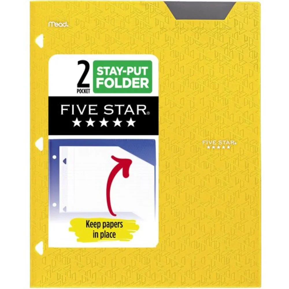 Mead Five Star Tay-Put 2-Pocket Plastic Folder Asst Colors School Office Home